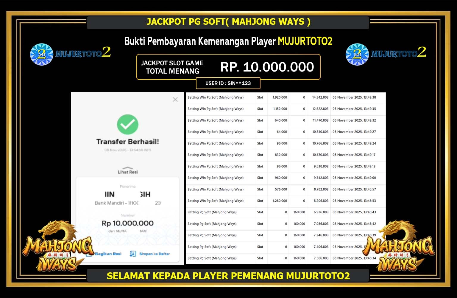 MUJURTOTO2 JACKPOT PG SOFT (MAHJONG WAYS) Rp.10.000.000,- LUNAS