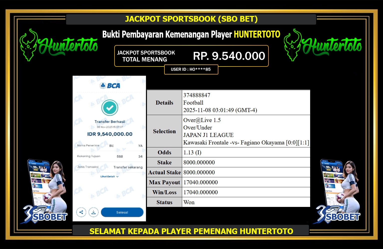 HUNTERTOTO JACKPOT SPORTSBOOK (SBO BET) Rp.9.540.000,- LUNAS