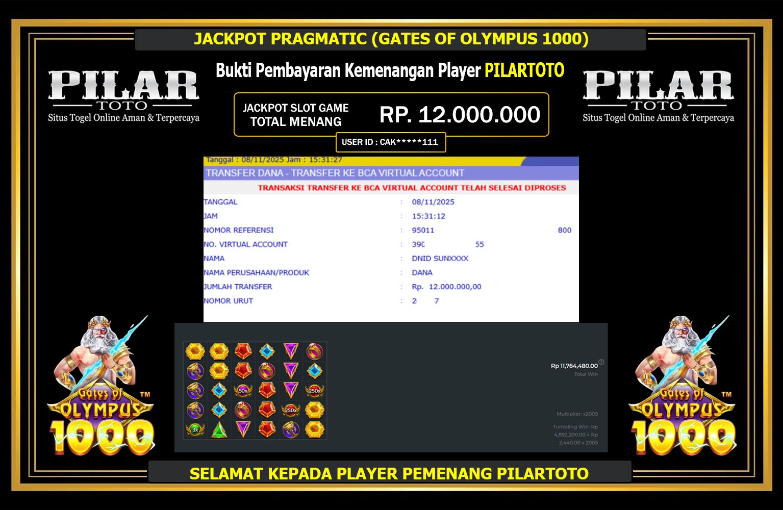PILARTOTO JACKPOT PRAGMATIC (GATES OF OLYMPUS 1000) Rp.12.000.000,- LUNAS