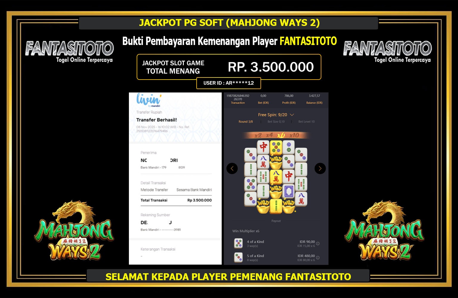 FANTASITOTO JACKPOT PG SOFT (MAHJONG WAYS 2) Rp.3.500.000,- LUNAS