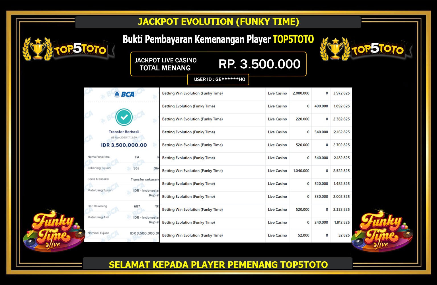 TOP5TOTO JACKPOT EVOLUTION (FUNKY TIME) Rp.3.500.000,- LUNAS