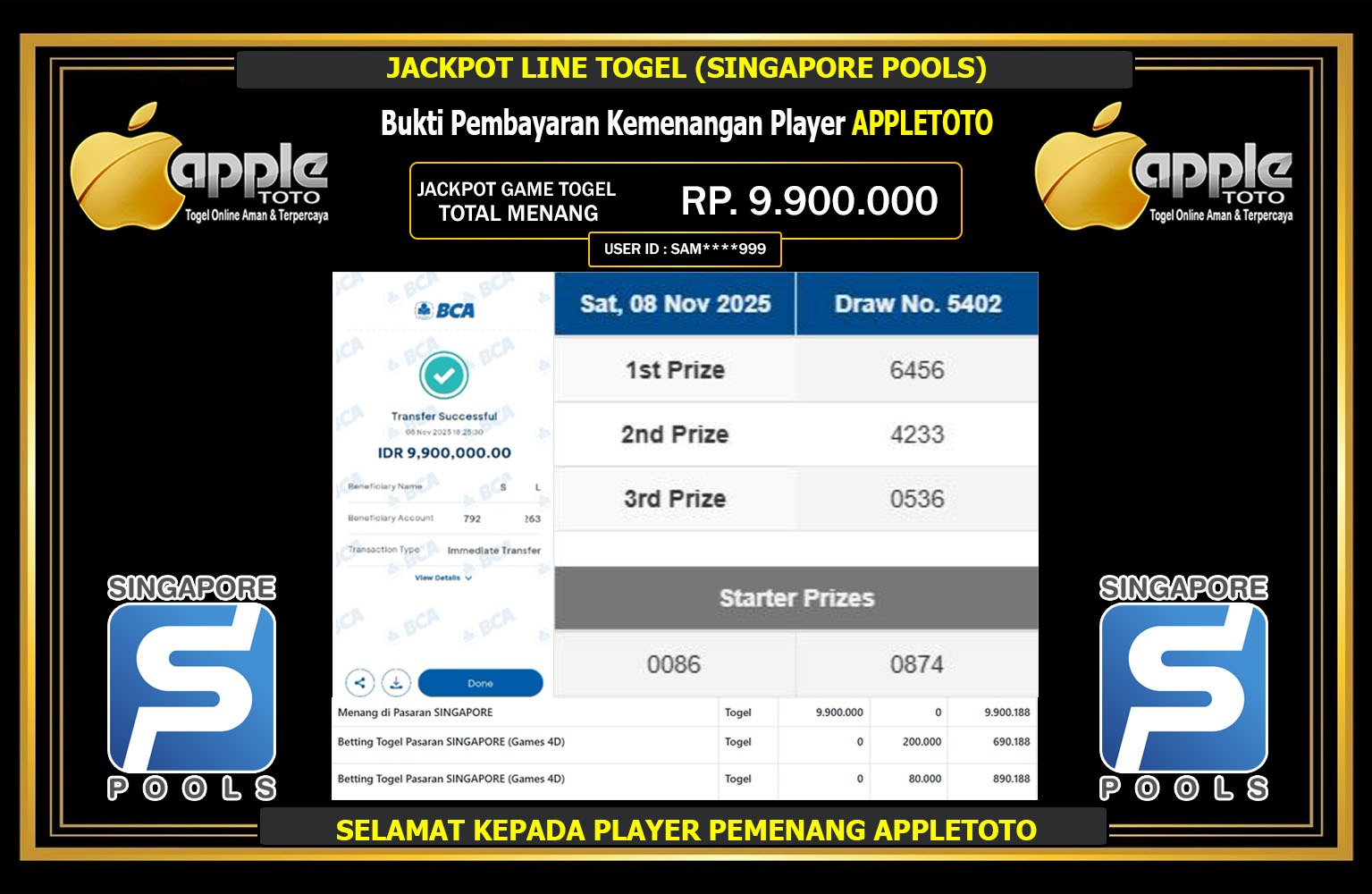 APPLETOTO JACKPOT LINE TOGEL (SINGAPORE POOLS) Rp.9.900.000,- LUNAS