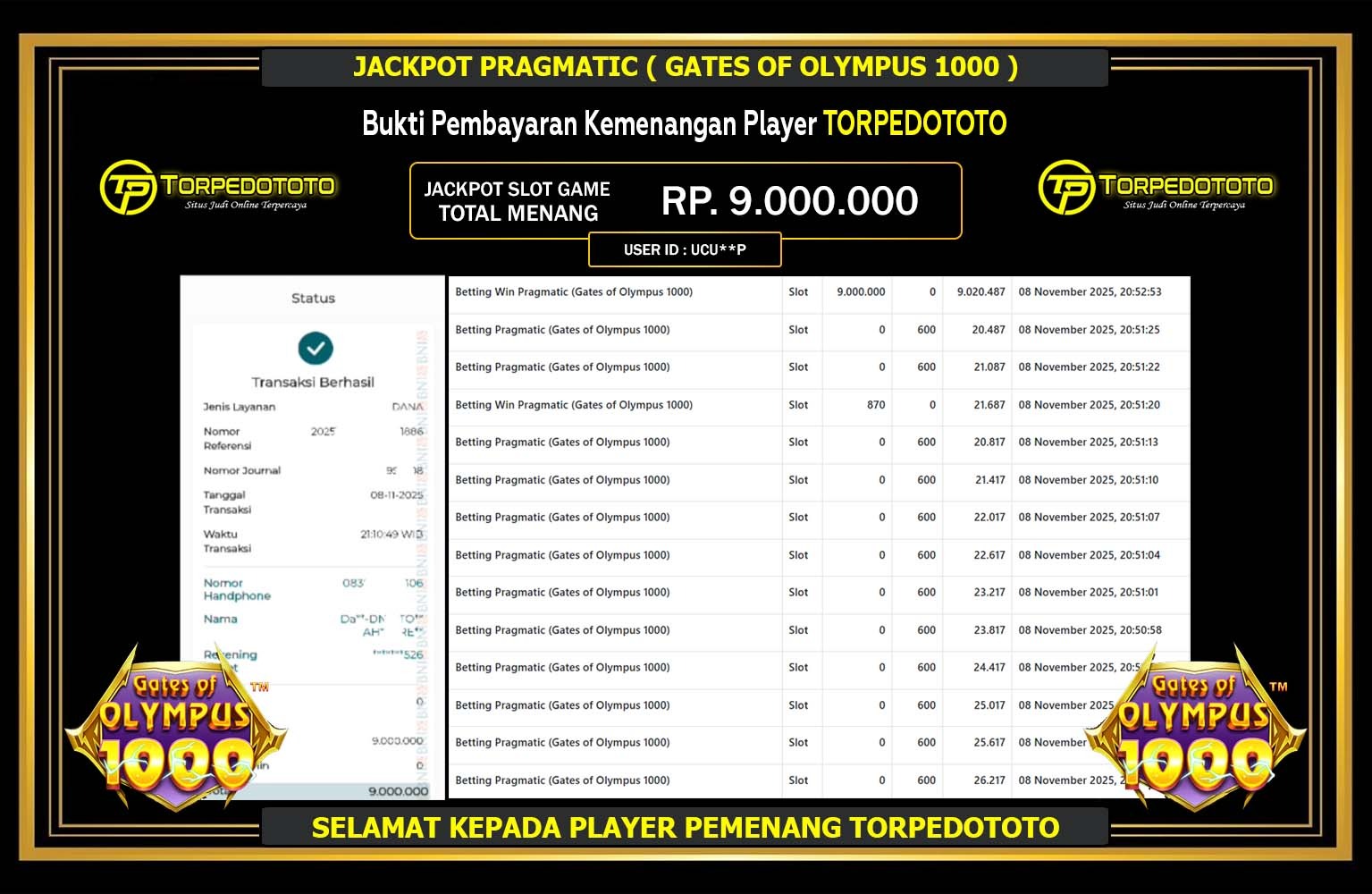 TORPEDOTOTO JACKPOT PRAGMATIC (GATES OF OLYMPUS 1000) Rp.9.000.000,- LUNAS