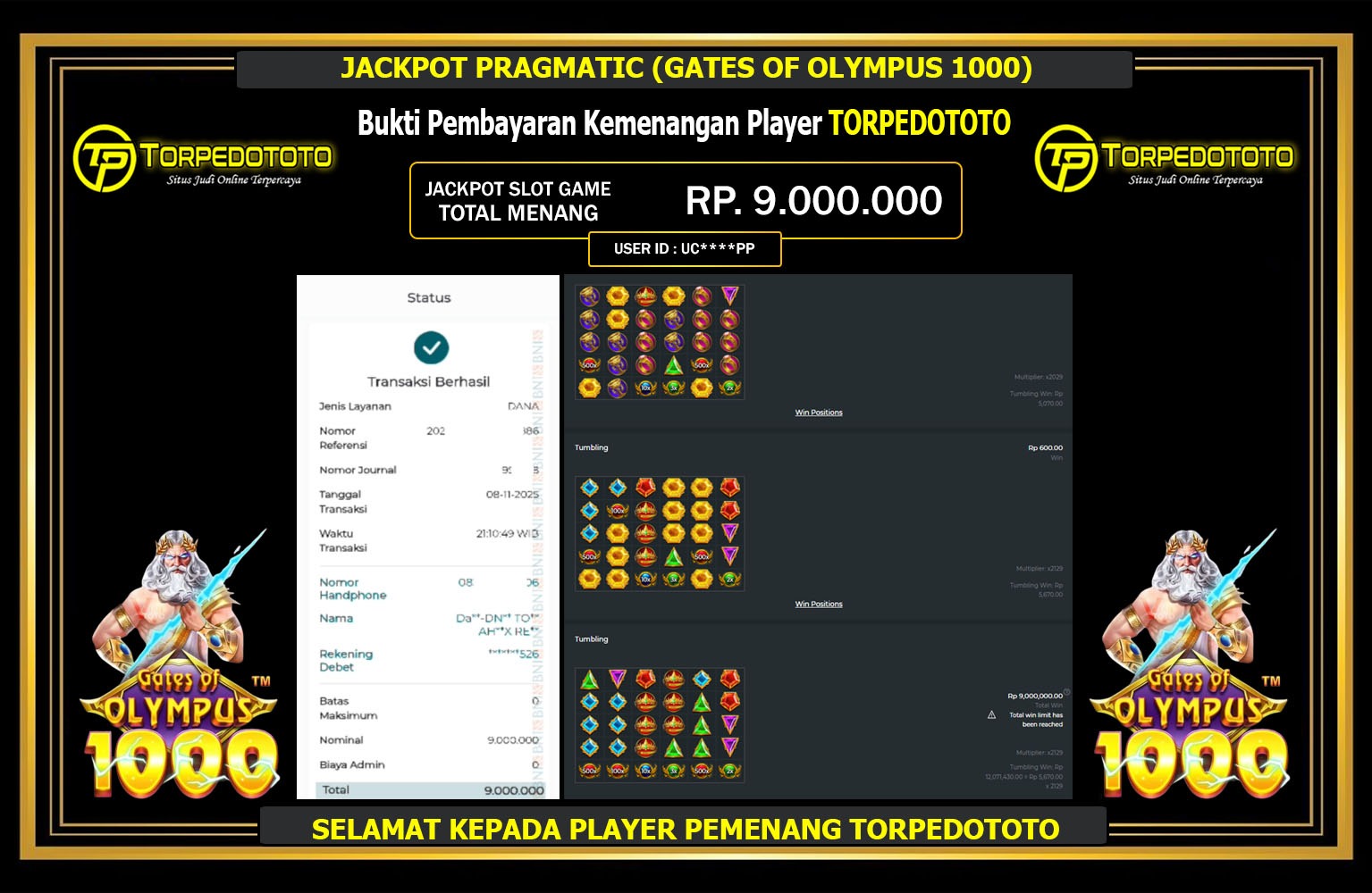TORPEDOTOTO JACKPOT PRAGMATIC (GATES OF OLYMPUS 1000) Rp.9.000.000,- LUNAS