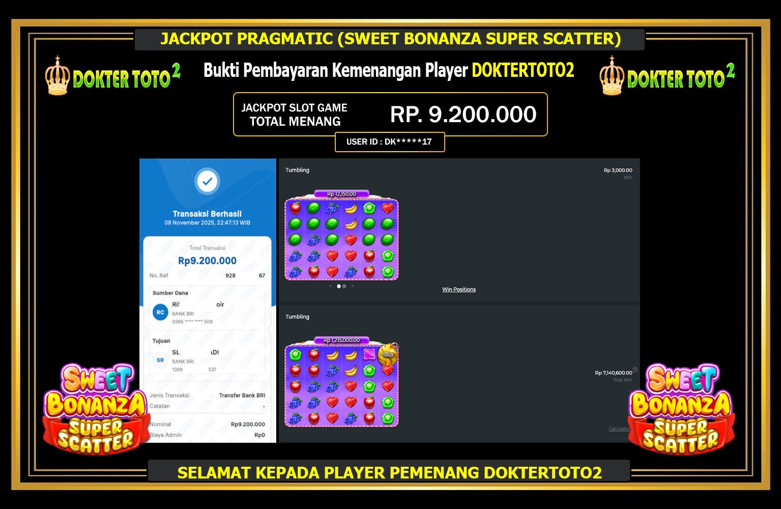 DOKTERTOTO2 JACKPOT PRAGMATIC (SWEET BONANZA SUPER SCATTER) Rp.9.200.000,- LUNAS