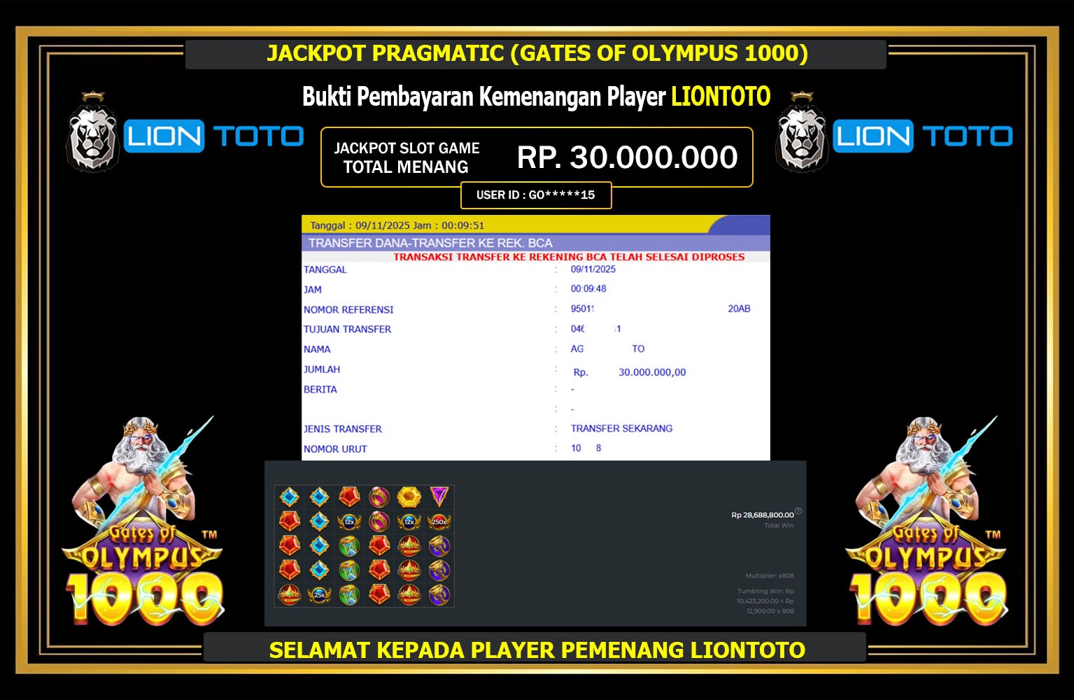 LIONTOTO JACKPOT PRAGMATIC (GATES OF OLYMPUS 1000) Rp.30.000.000,- LUNAS