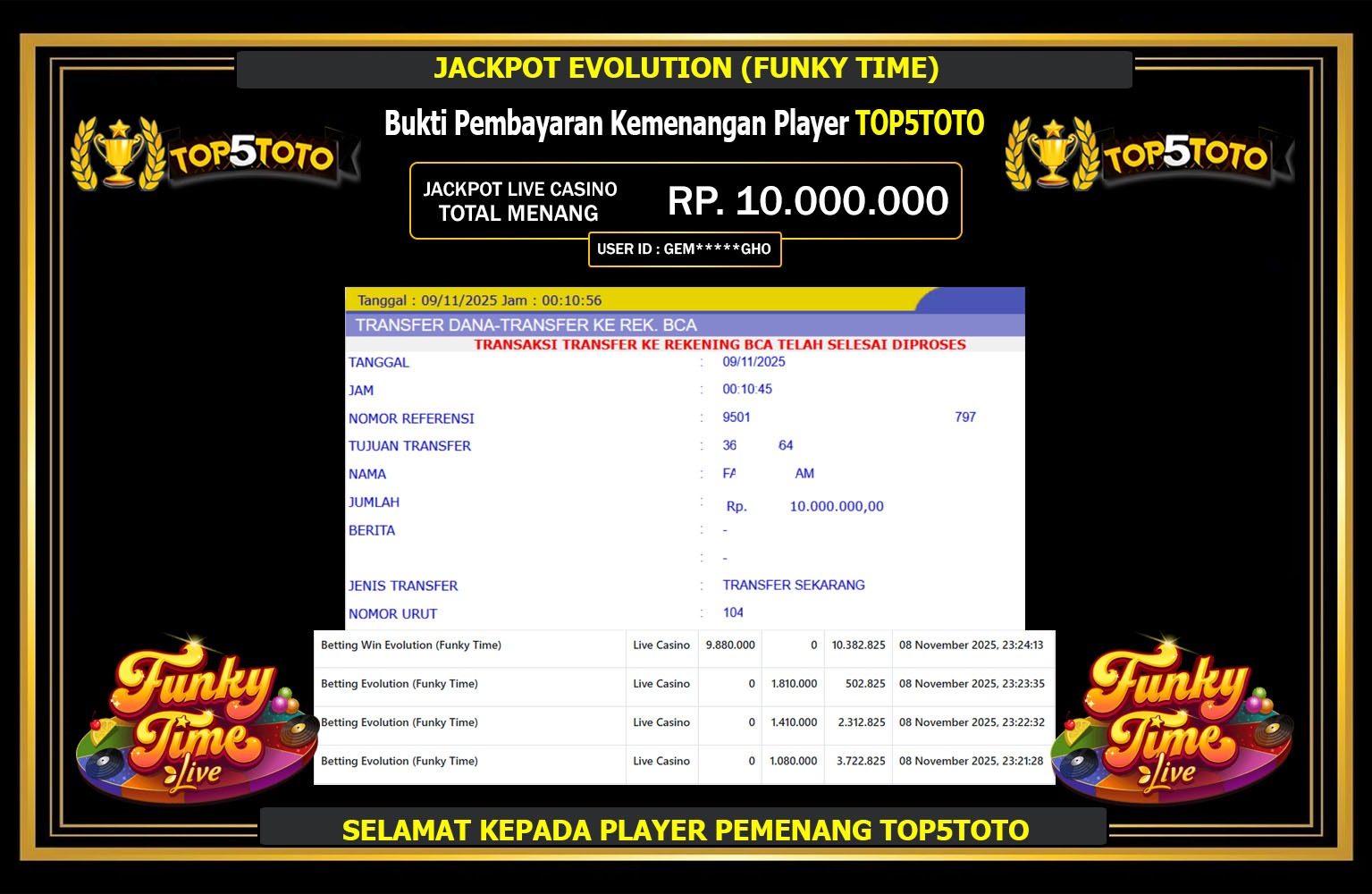 TOP5TOTO JACKPOT EVOLUTION (FUNKY TIME) Rp.10.000.000,- LUNAS