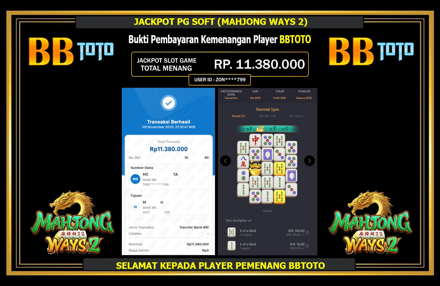 BBTOTO JACKPOT PG SOFT (MAHJONG WAYS 2) Rp.11.380.000,- LUNAS