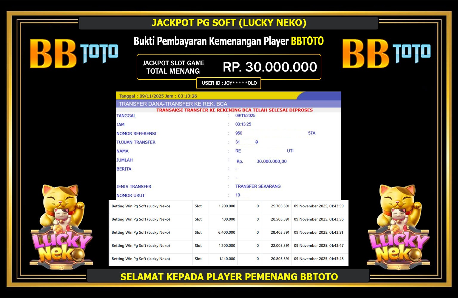 BBTOTO JACKPOT PG SOFT (LUCKY NEKO) Rp.30.000.000,- LUNAS