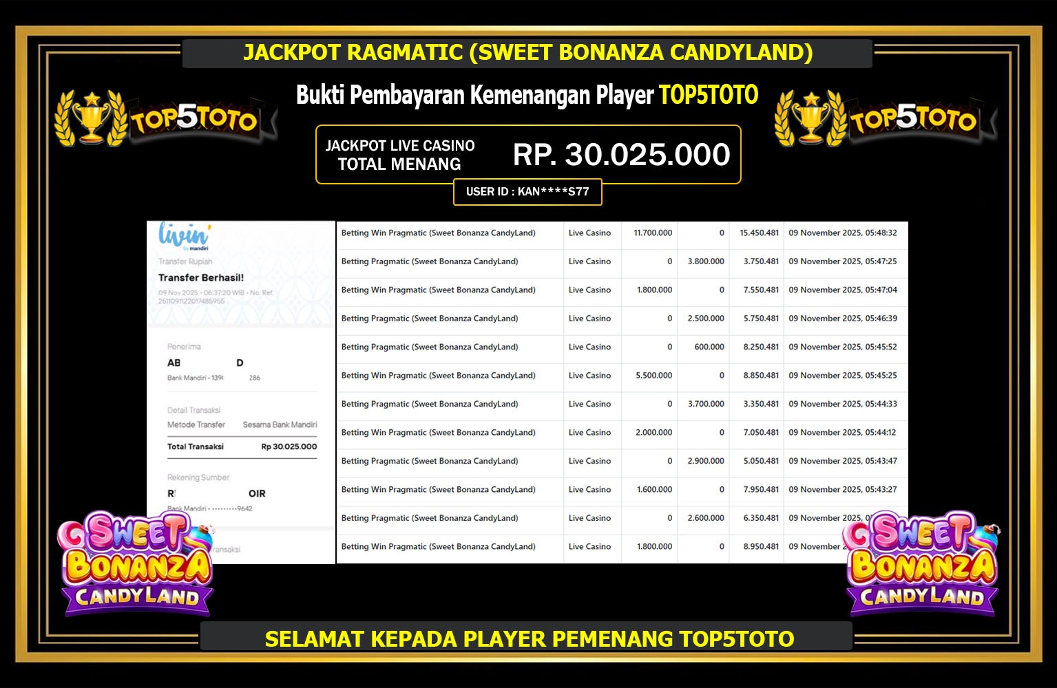 TOP5TOTO JACKPOT PRAGMATIC (SWEET BONANZA CANDYLAND) Rp.30.025.000,- LUNAS