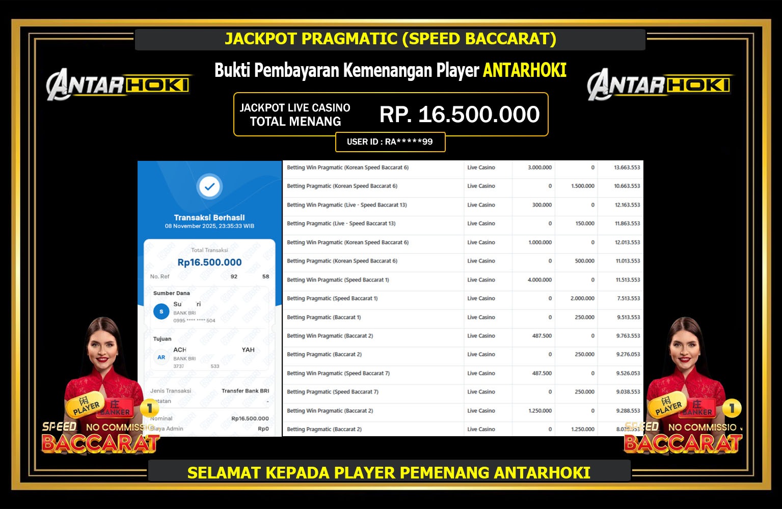 ANTARHOKI JACKPOT PRAGMATIC (SPEED BACCARAT) Rp.16.500.000,- LUNAS