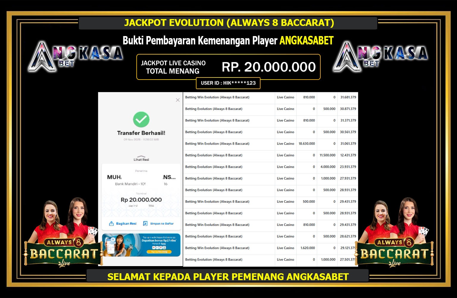 ANGKASABET JACKPOT EVOLUTION (ALWAYS 8 BACCARAT) Rp.20.000.000,- LUNAS