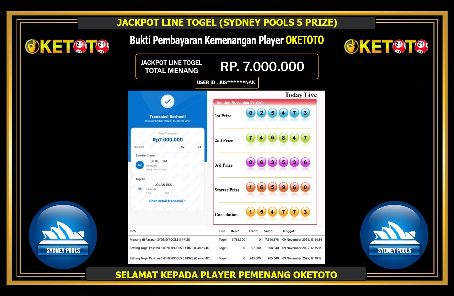 OKETOTO JACKPOT LINE TOGEL (SYDNEY POOLS 5 PRIZE) Rp.7.000.000,- LUNAS
