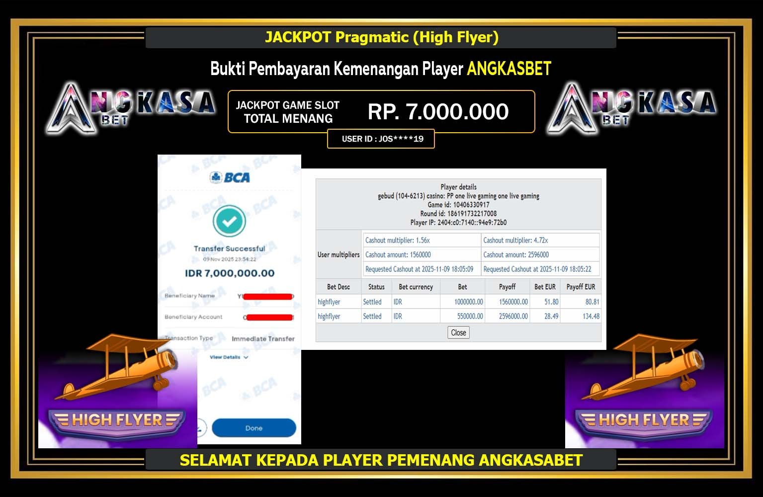 ANGKASABET JACKPOT PRAGMATIC (HIGH FLYER) Rp.7.000.000,- LUNAS