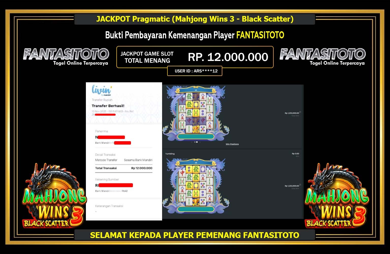 FANTASITOTO JACKPOT PRAGMATIC (MAHJONG WINS 3 - BLACK SCATTER) Rp.12.000.000,- LUNAS