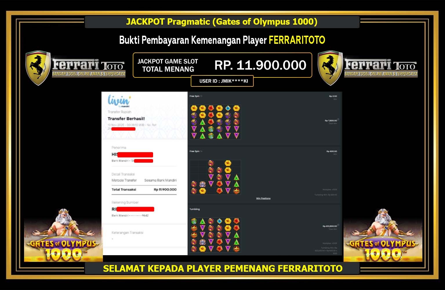 FERRARITOTO JACKPOT PRAGMATIC (GATES OF OLYMPUS 1000) Rp.11.900.000,- LUNAS