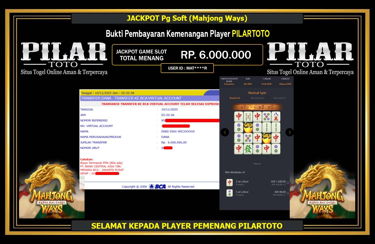 PILARTOTO JACKPOT PG SOFT (MAHJONG WAYS) Rp.6.000.000,- LUNAS