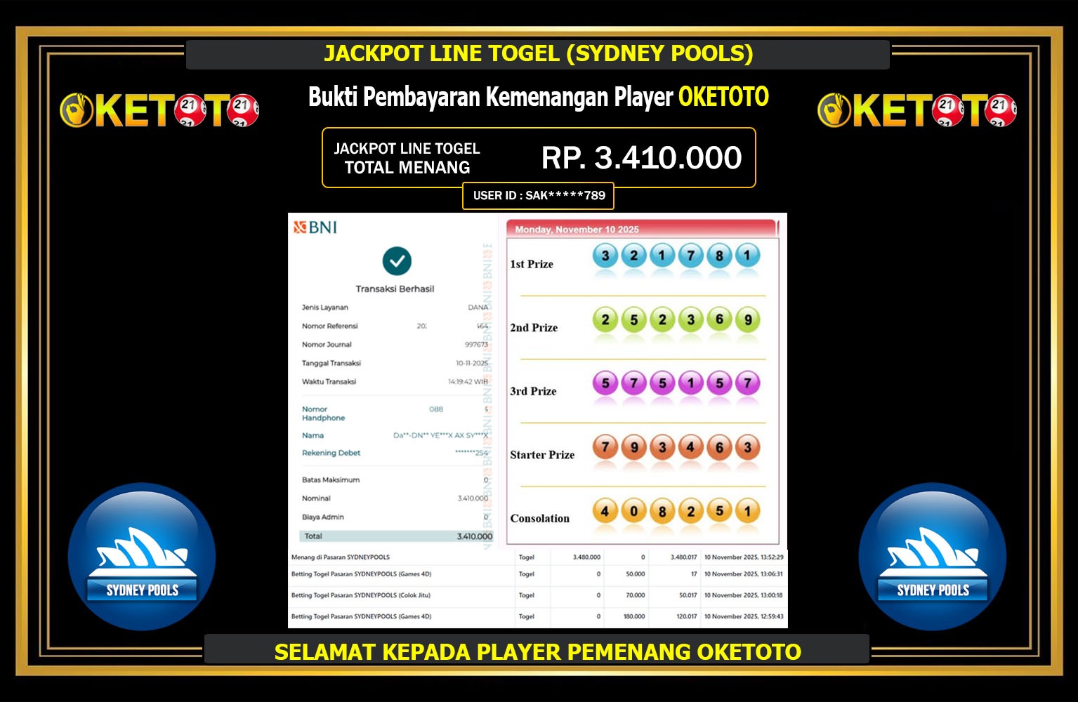OKETOTO JACKPOT LINE TOGEL (SYDNEY POOLS) Rp.3.410.000,- LUNAS