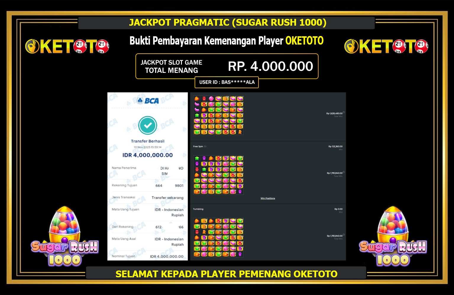 OKETOTO JACKPOT PRAGMATIC (SUGAR RUSH 1000) Rp.4.000.000,- LUNAS