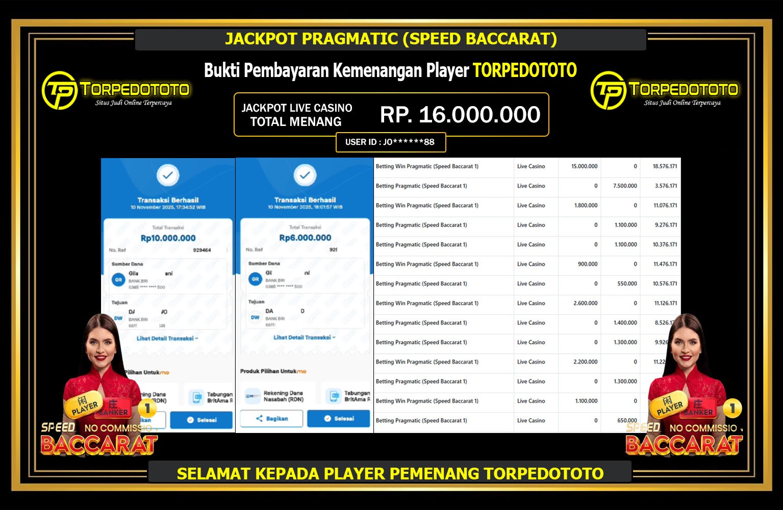 TORPEDOTOTO JACKPOT PRAGMATIC (SPEED BACCARAT) Rp.16.000.000,- LUNAS