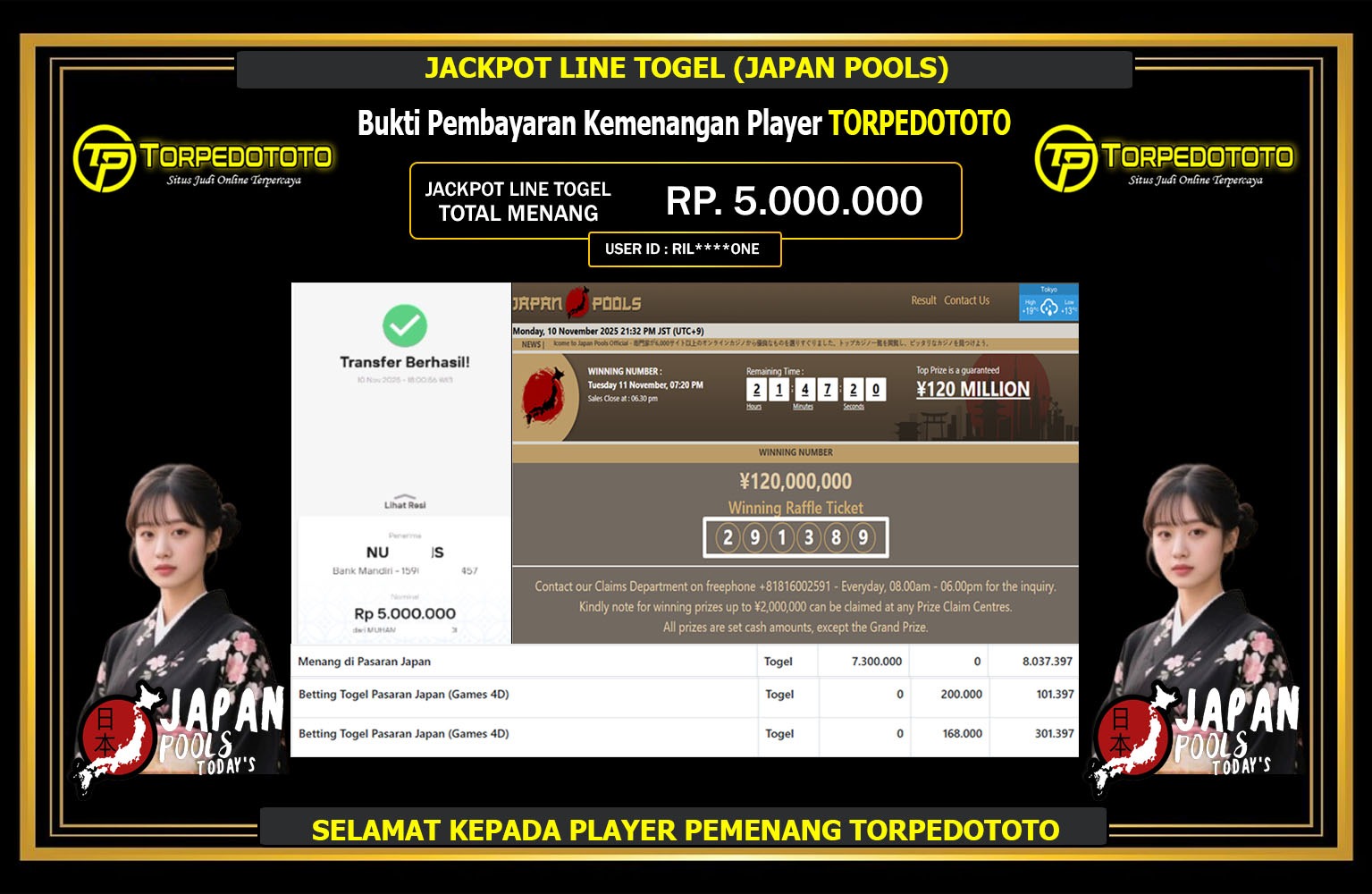 TORPEDOTOTO JACKPOT LINE TOGEL (JAPAN POOLS) Rp.5.000.000,- LUNAS