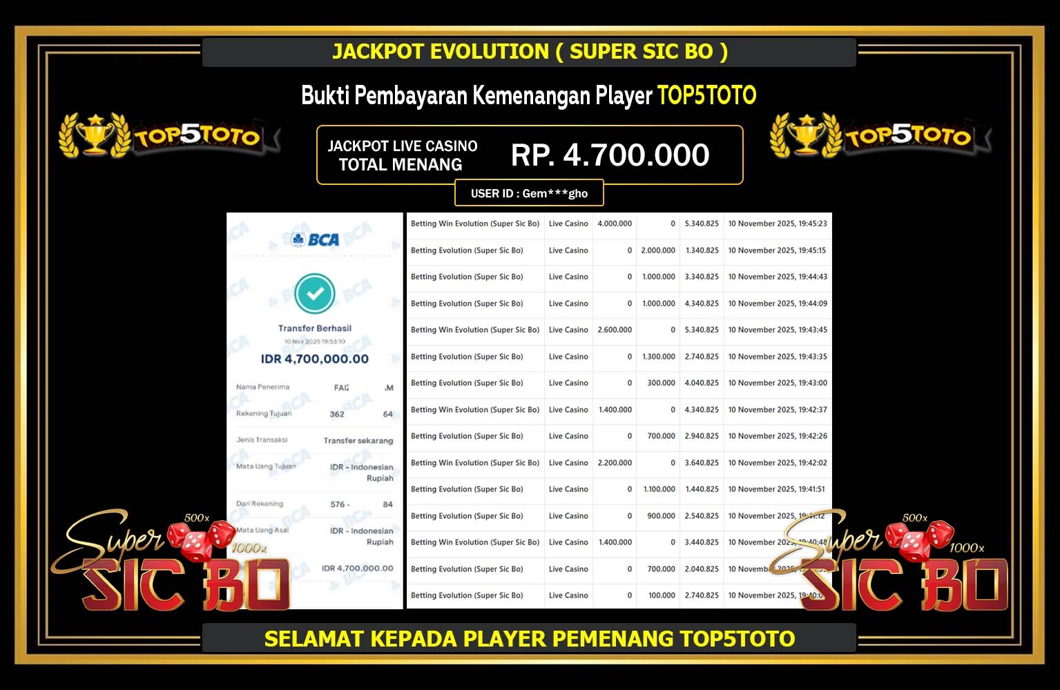 TOP5TOTO JACKPOT EVOLUTION (SUPER SIC BO) Rp.4.700.000,- LUNAS
