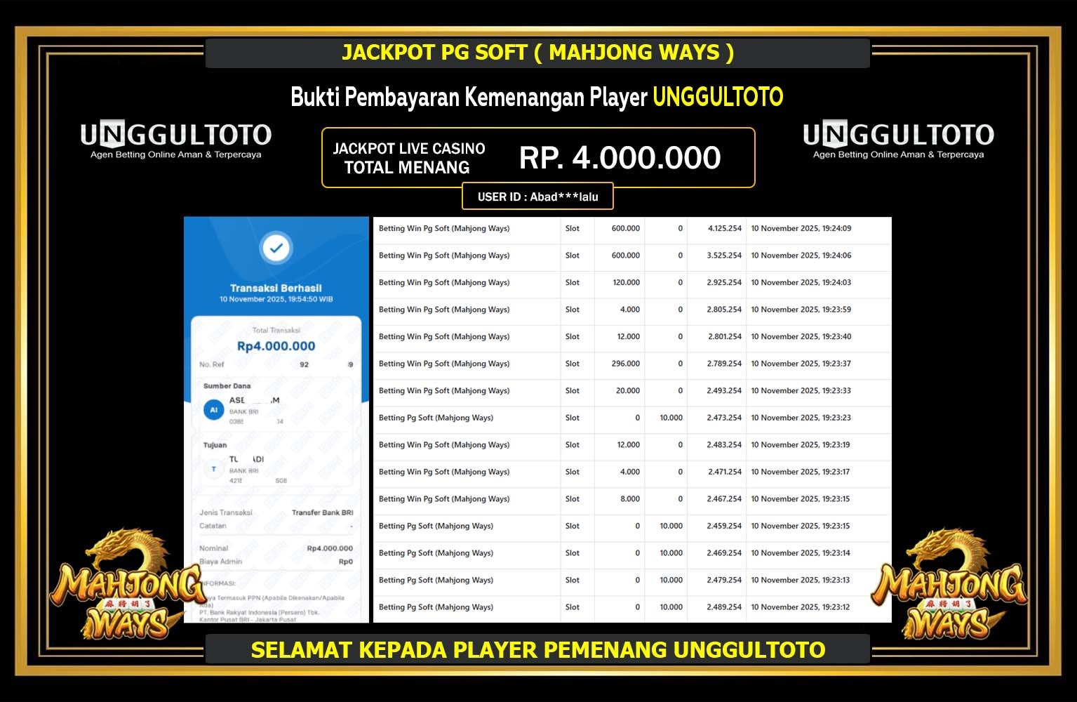 UNGGULTOTO JACKPOT PG SOFT (MAHJONG WAYS) Rp.4.000.000,- LUNAS