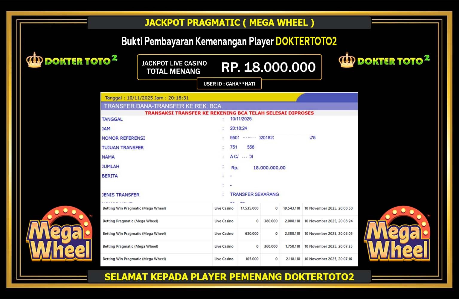 DOKTERTOTO2 JACKPOT PRAGMATIC (MEGA WHEEL) Rp.18.000.000,- LUNAS