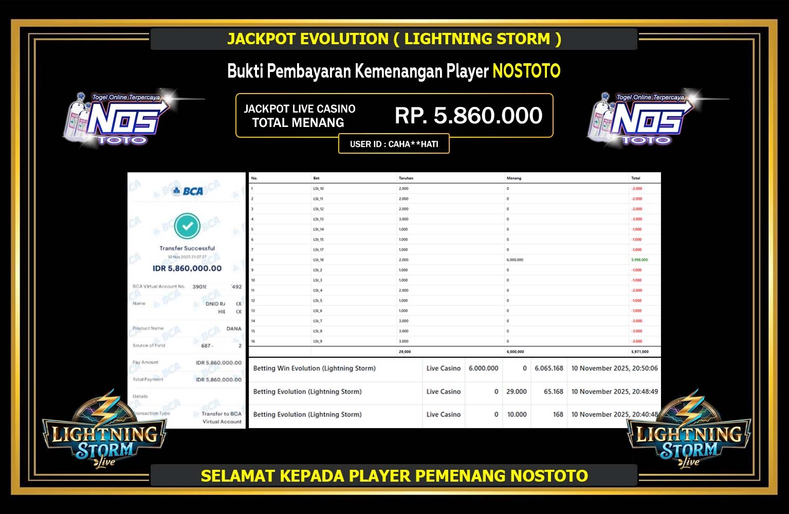 NOSTOTO JACKPOT EVOLUTION (LIGHTNING STORM) Rp.5.860.000,- LUNAS