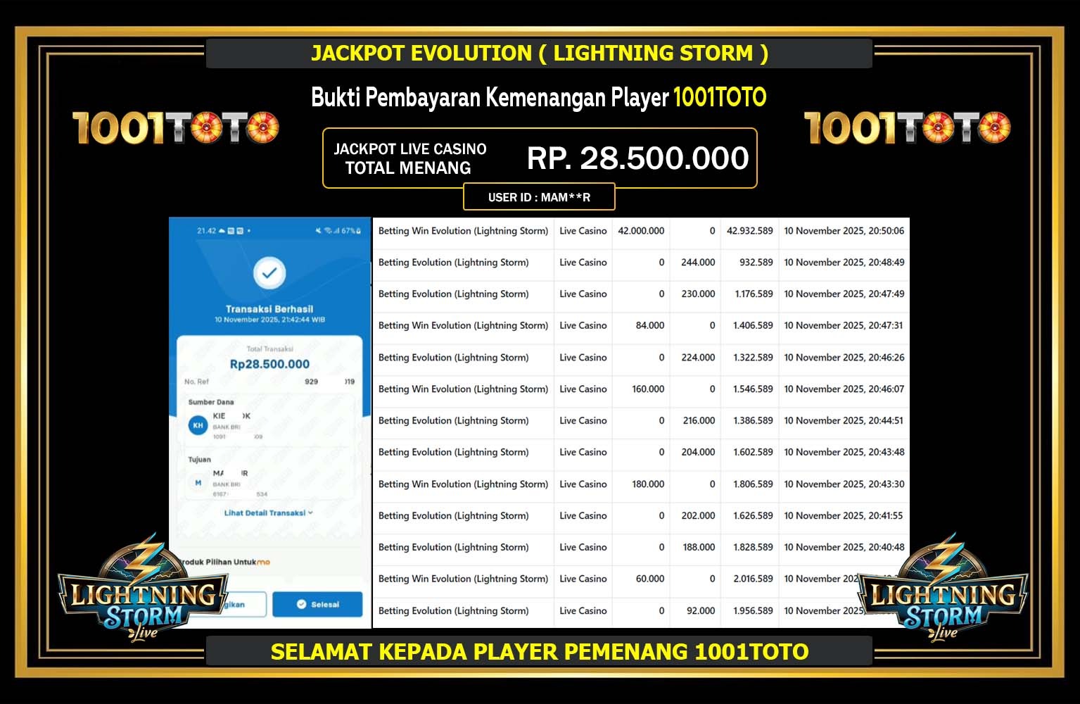 1001TOTO JACKPOT EVOLUTION (LIGHTNING STORM) Rp.28.500.000,- LUNAS