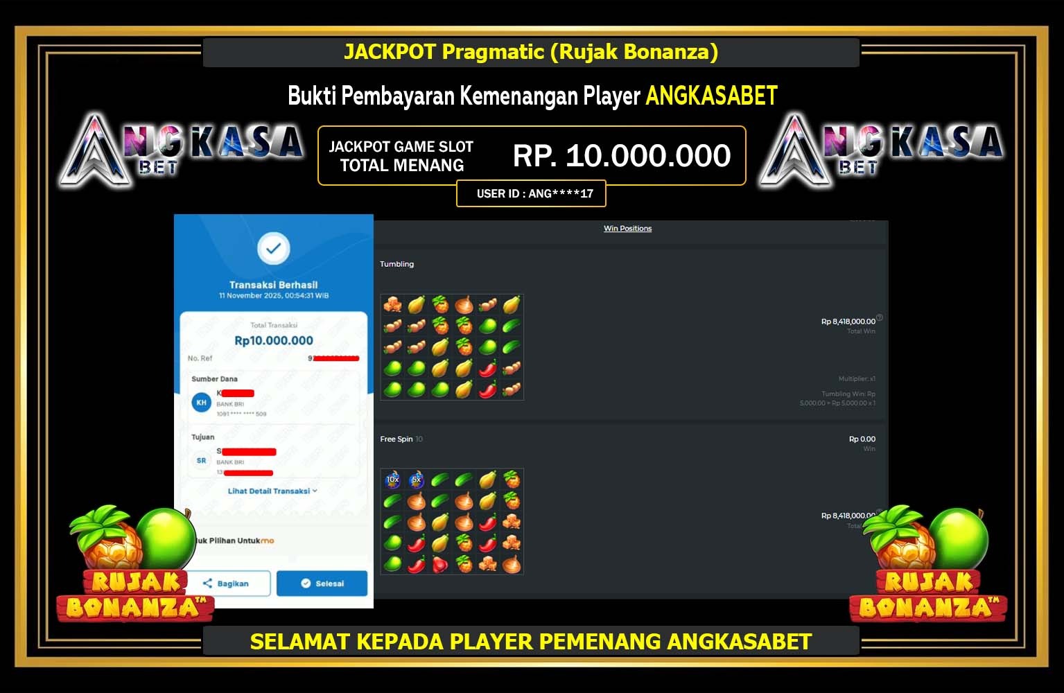 ANGKASABET JACKPOT PRAGMATIC (RUJAK BONANZA) Rp.10.000.000,- LUNAS