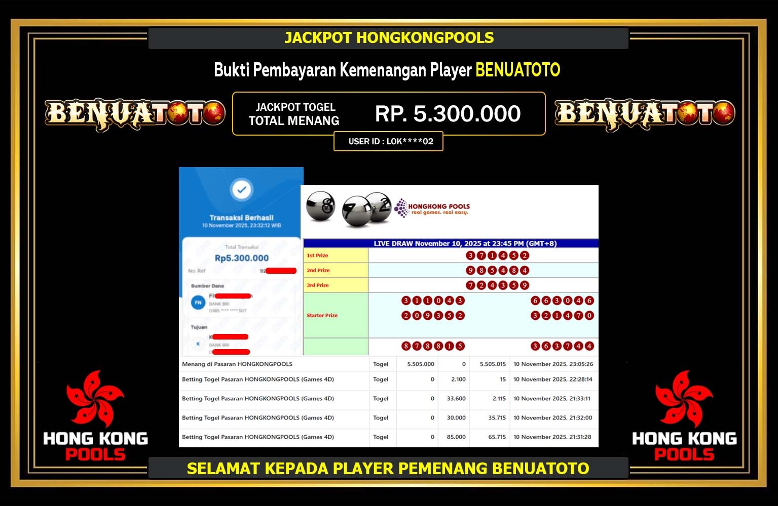 BENUATOTO JACKPOT LINE TOGEL (HONGKONG POOLS) Rp.5.300.000,- LUNAS