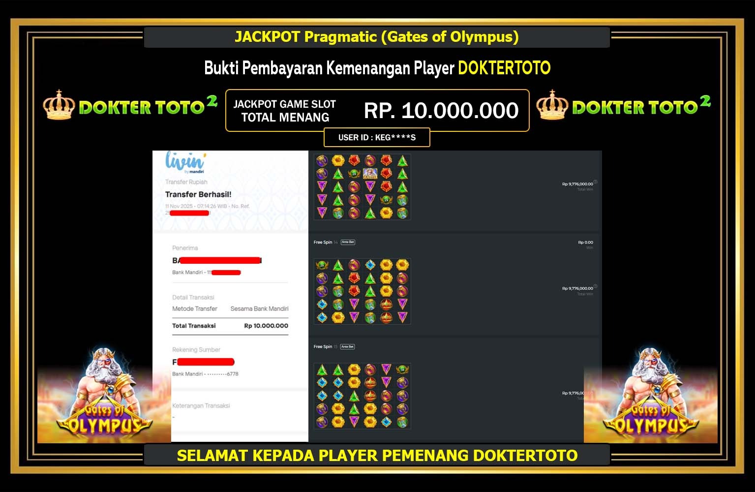 DOKTERTOTO2 JACKPOT PRAGMATIC (GATES OF OLYMPU) Rp.10.000.000,- LUNAS