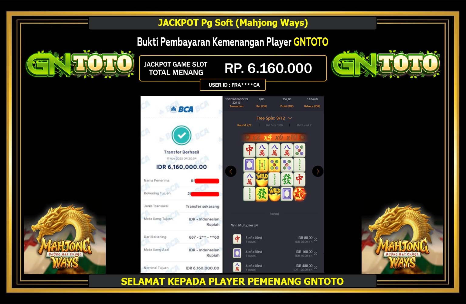 GNTOTO JACKPOT PG SOFT (MAHJONG WAYS) Rp.6.160.000,- LUNAS