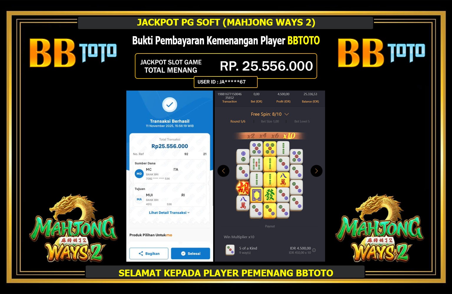 BBTOTO JACKPOT PG SOFT (MAHJONG WAYS 2) Rp.25.556.000,- LUNAS
