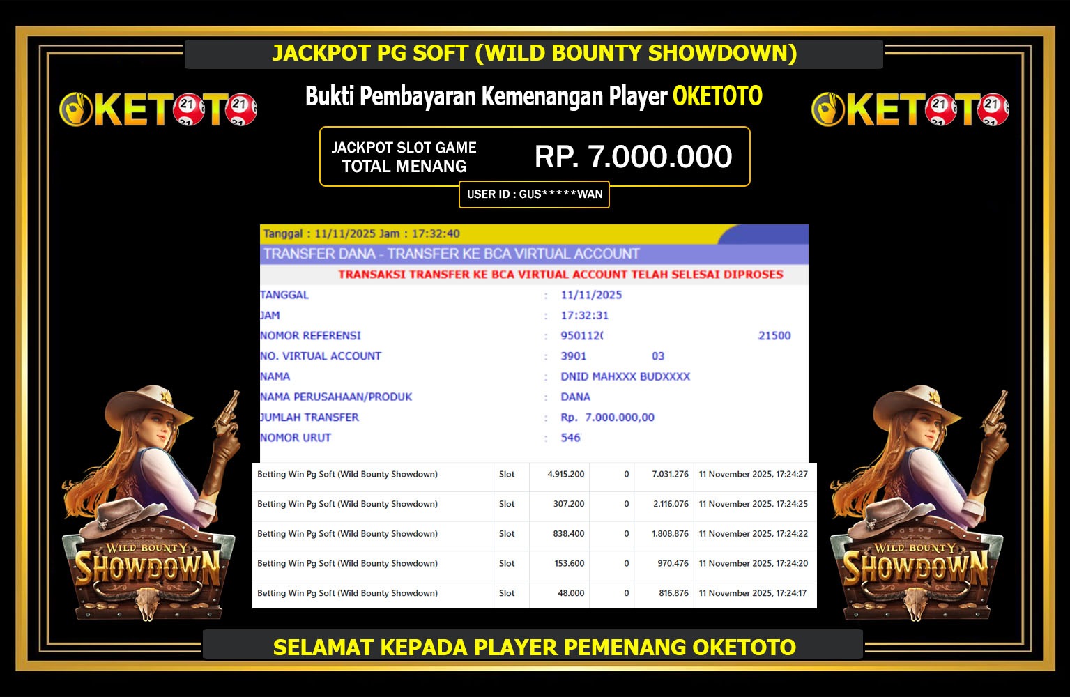 OKETOTO JACKPOT PG SOFT (WILD BOUNTY SHOWDOWN) Rp.7.000.000,- LUNAS