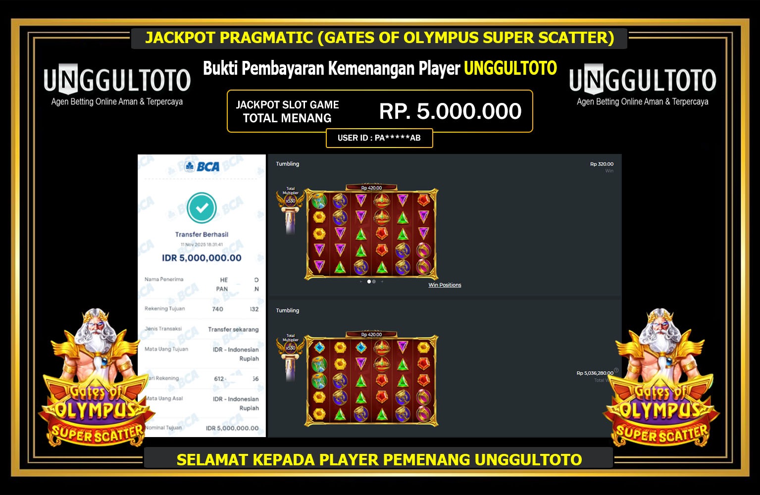 UNGGULTOTO JACKPOT PRAGMATIC (GATES OF OLYMPUS SUPER SCATTER) Rp.5.000.000,- LUNAS