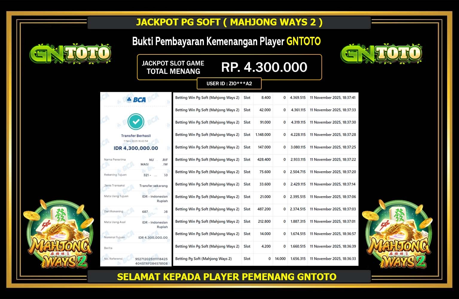GNTOTO JACKPOT PG SOFT (MAHJONG WAYS 2) Rp.4.300.000,- LUNAS