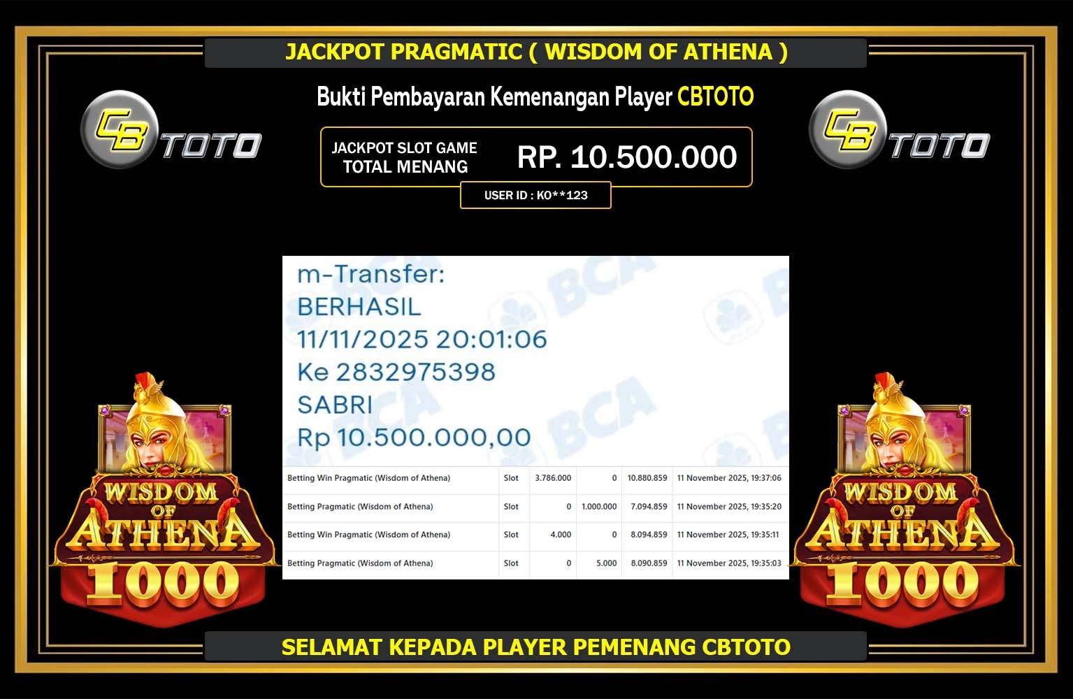 CBTOTO JACKPOT PRAGMATIC (WISDOM OF ATHENA) Rp.10.500.000,- LUNAS