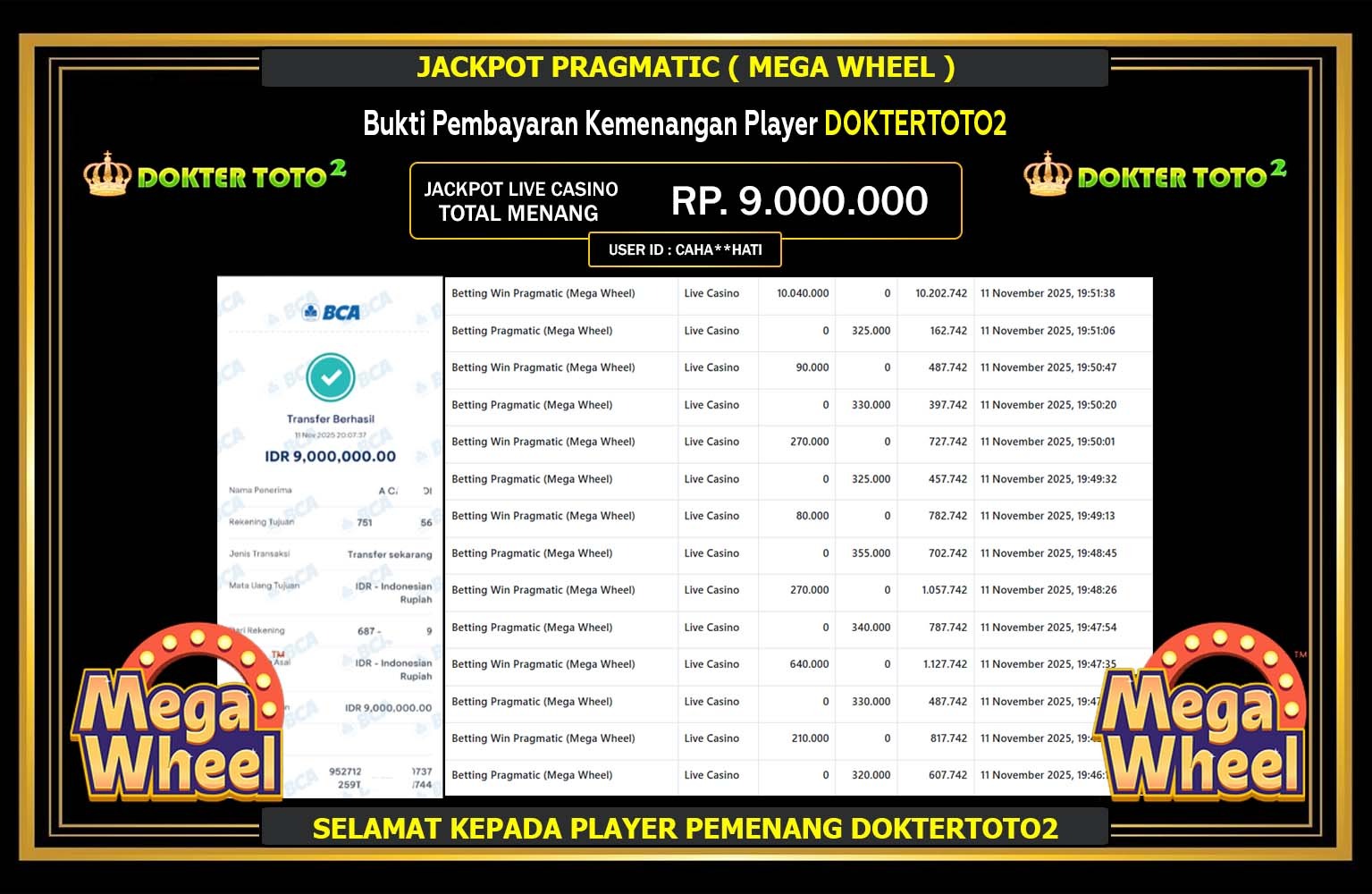 DOKTERTOTO2 JACKPOT PRAGMATIC (MEGA WHEEL) Rp.9.000.000,- LUNAS