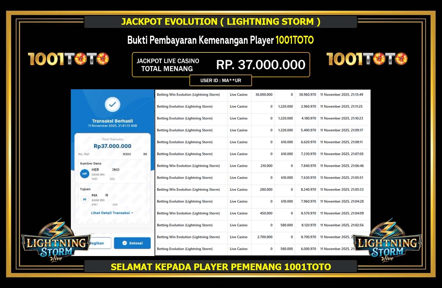 1001TOTO JACKPOT EVOLUTION (LIGHNING STORM) Rp.37.000.000,- LUNAS