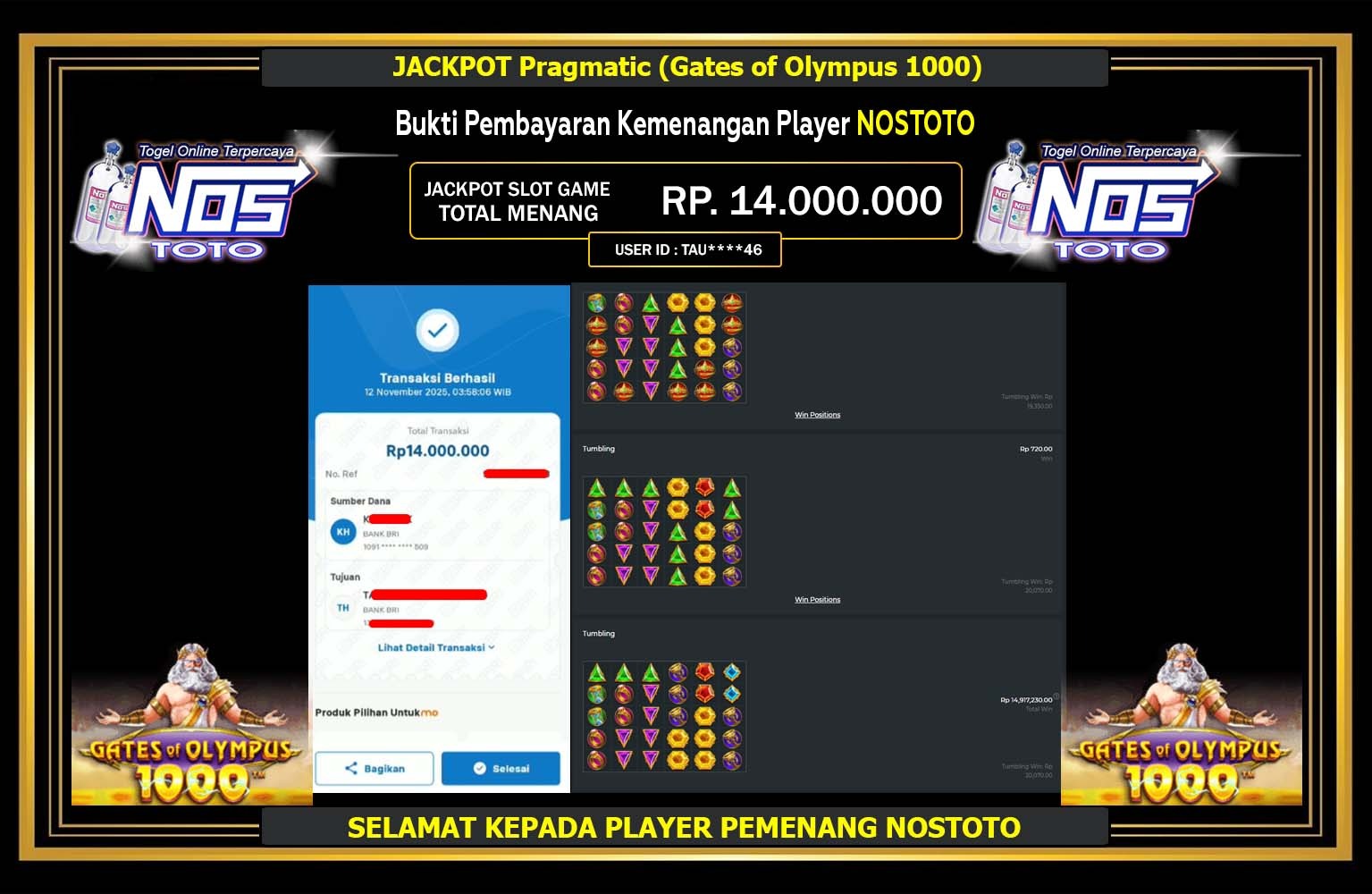 NOSTOTO JACKPOT Pragmatic (Gates of Olympus 1000) Rp.14.000.000,- LUNAS