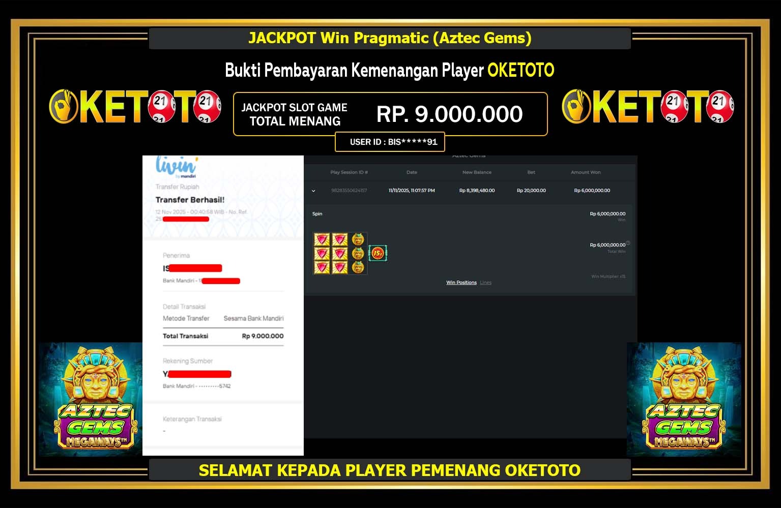 OKETOTO JACKPOT Win Pragmatic (Aztec Gems) Rp.9.000.000,- LUNAS