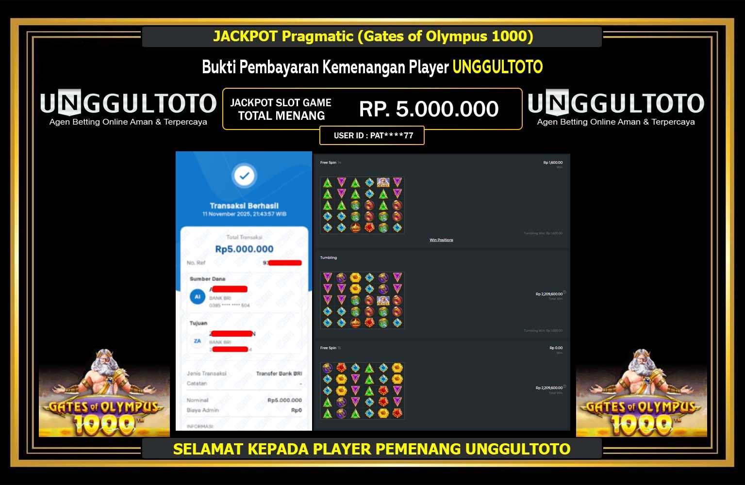 UNGGULTOTO JACKPOT PRAGMATIC (GATES OF OLYMPUS 1000) Rp.5.000.000,- LUNAS