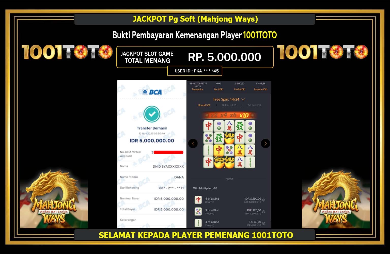 1001TOTO JACKPOT Pg Soft (Mahjong Ways) Rp.5.000.000,- LUNAS