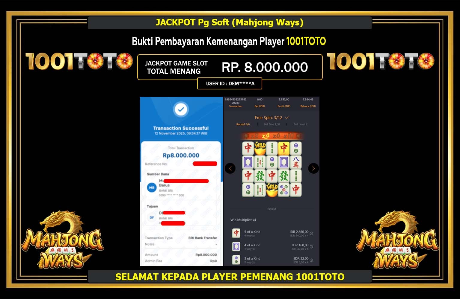 1001TOTO JACKPOT Pg Soft (Mahjong Ways) Rp.8.000.000,- LUNAS