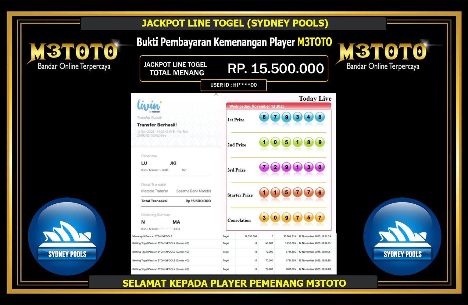 M3TOTO JACKPOT LINE TOGEL (SYDNEY POOLS) Rp.15.500.000,- LUNAS