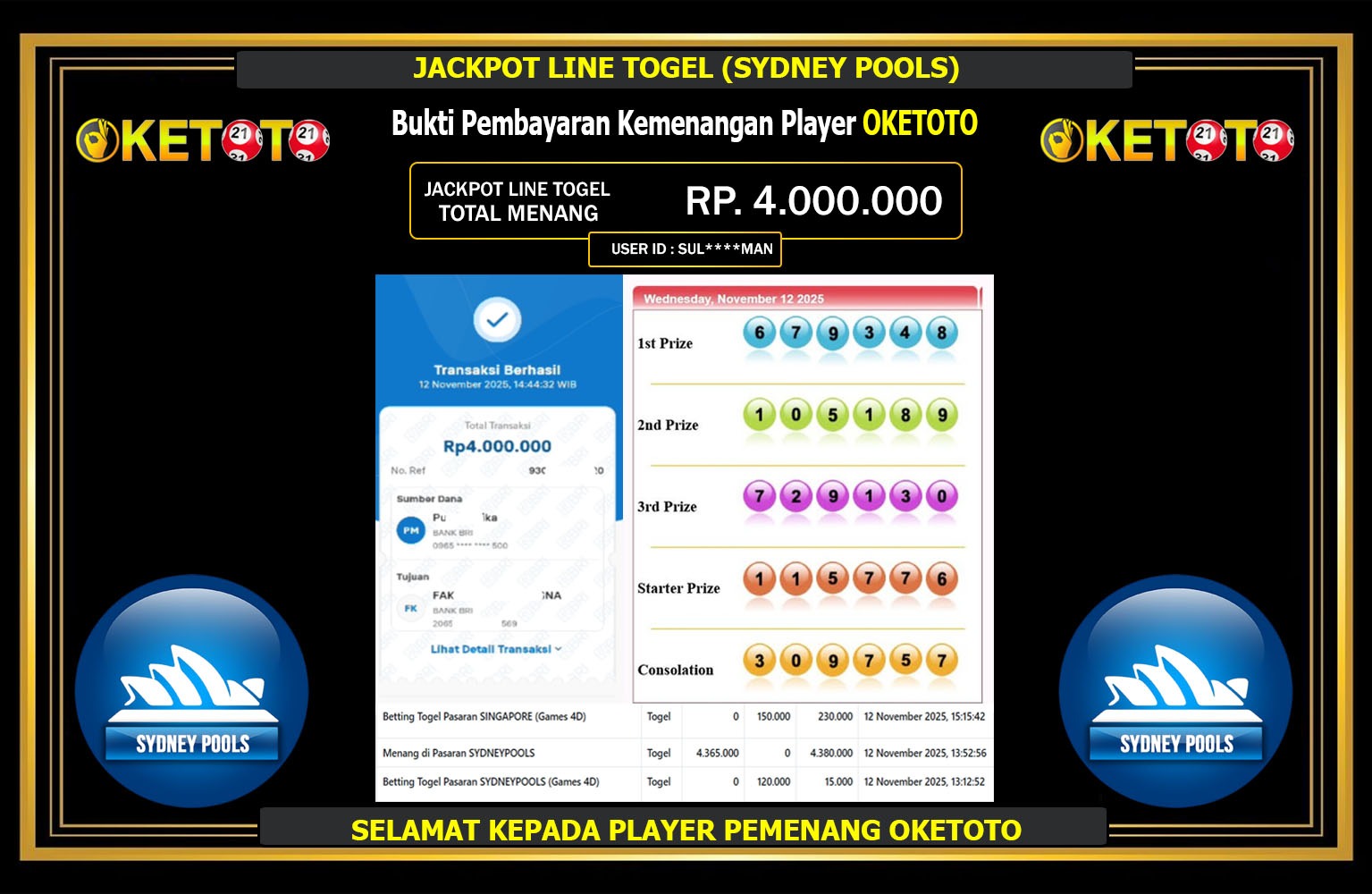 OKETOTO JACKPOT LINE TOGEL (SYDNEY POOLS) Rp.4.000.000,- LUNAS