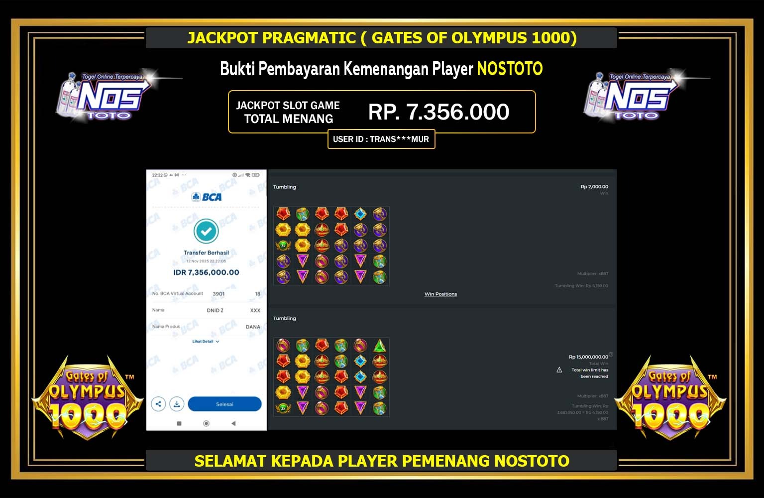 NOSTOTO JACKPOT PRAGMATIC (GATES OF OLYMPUS 1000) Rp.7.356.000,- LUNAS