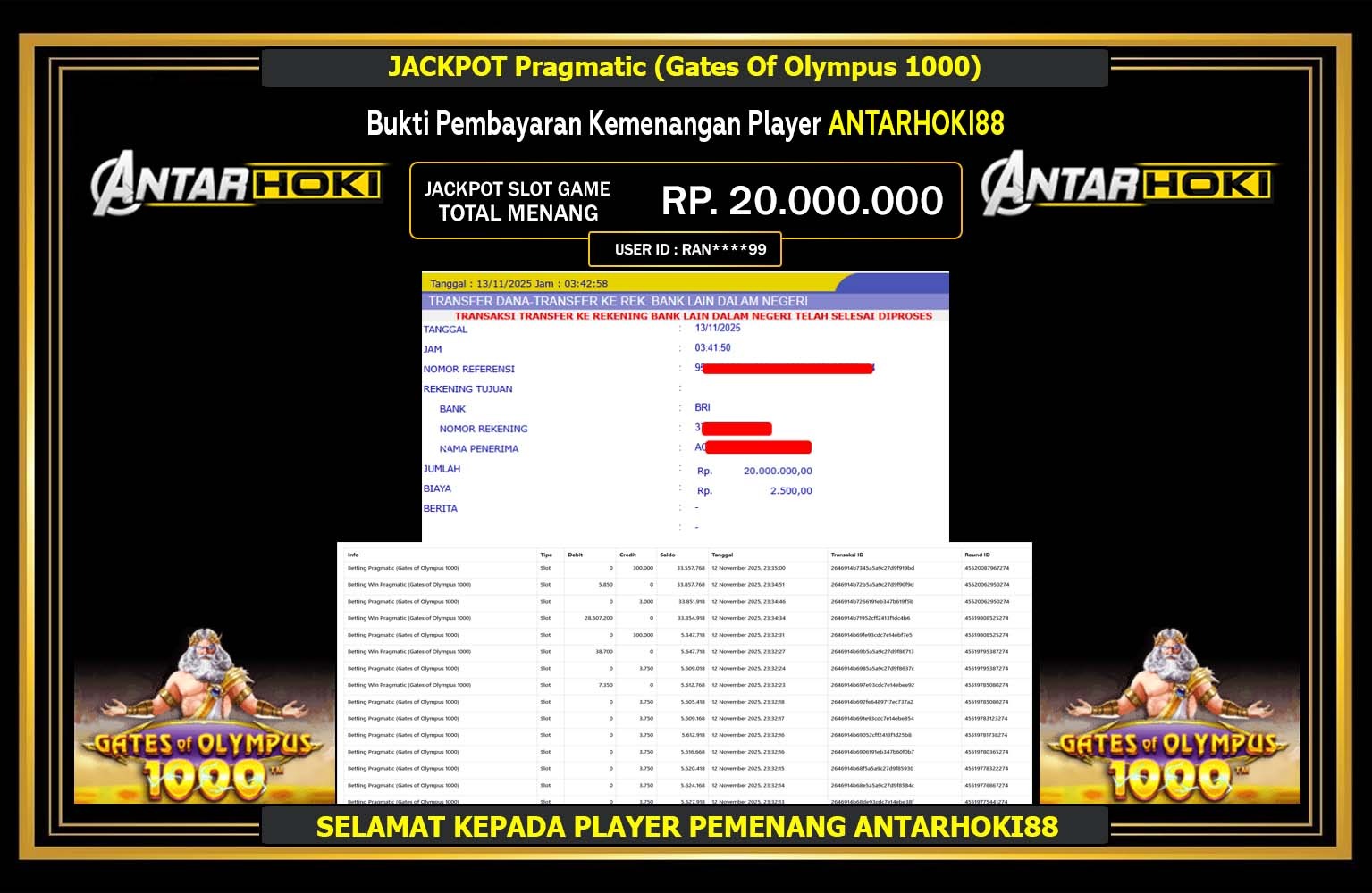 ANTARHOKI JACKPOT Pragmatic (Gates Of Olympus 1000) Rp.20.000.000,- LUNAS